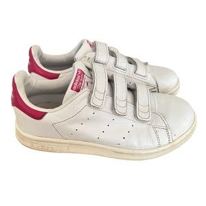 White/Pink ADIDAS Stan Smith Shoes with Velcro Straps for Big Girls (Size 1.5)